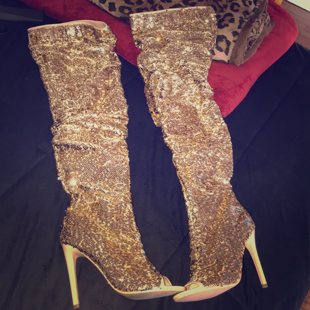 Knee High Gold Sequin Heels